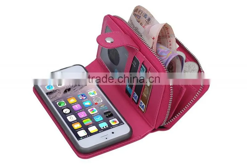 Unique leatherZipper Wallet Card Slot mob phone cover, rose red protective case for iPhone 6/6s