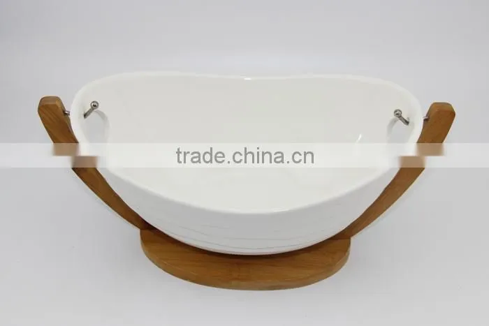2015 Hot selling supermarket table ware ceramic fruit bowl with bamboo shelf
