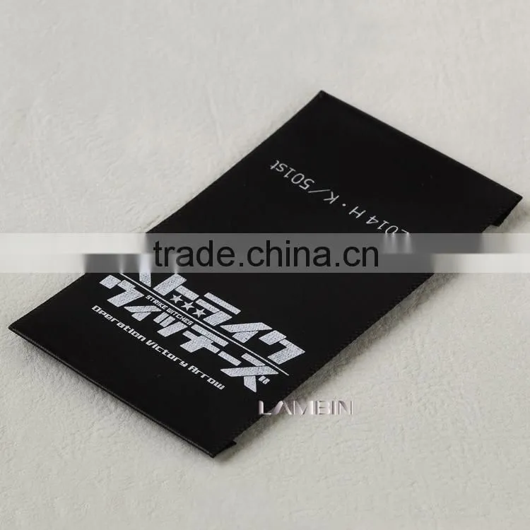 High density black damask printed label for trousers silk screen printed black satin ribbon labels for clothing