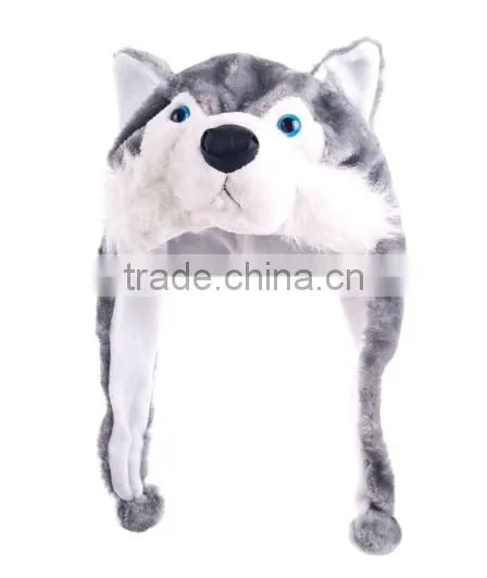 Winter animal design warm hat wolf animal hood hat grey wolf soft warm plush hat