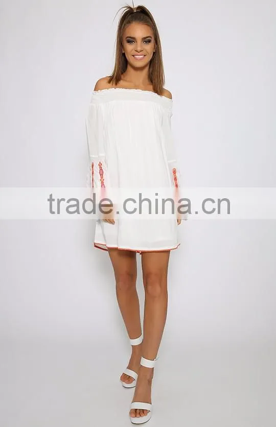 Hot-selling Off Shoulder Butterfly Sleeve Embroidered Stitch Tunic Dress