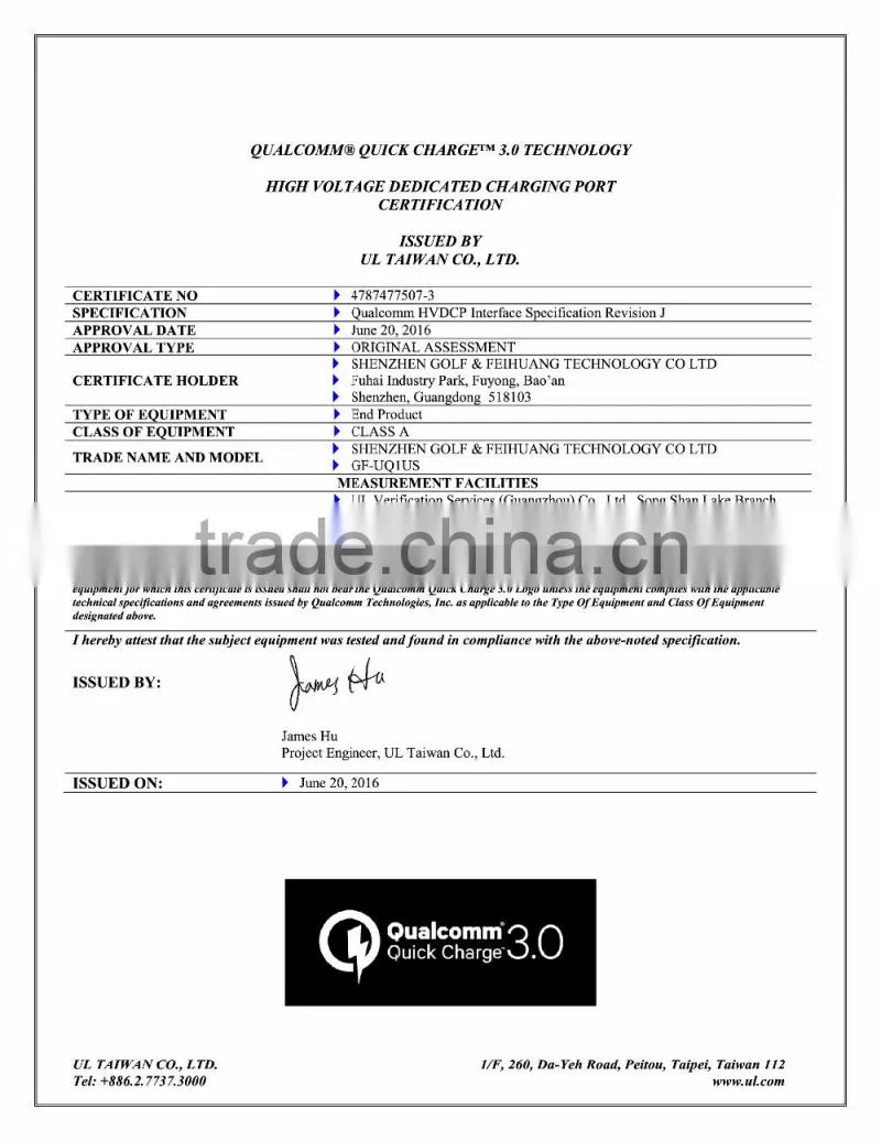 UL and Qualcomm approved QC3.0 18W wall charger adapter with EU/US plug