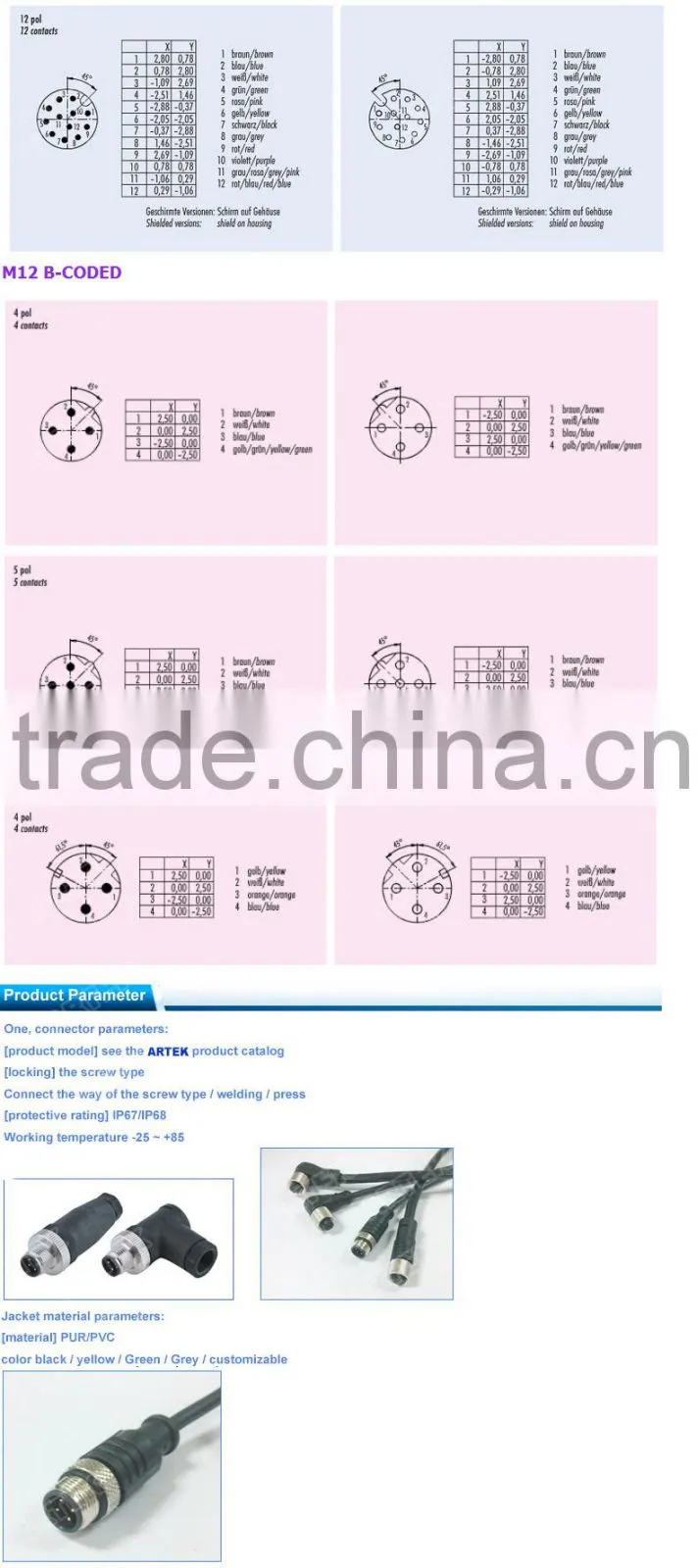 M12 to CAT5E CAT6 4 pin 8 pin pair twisted yellow pvc cable