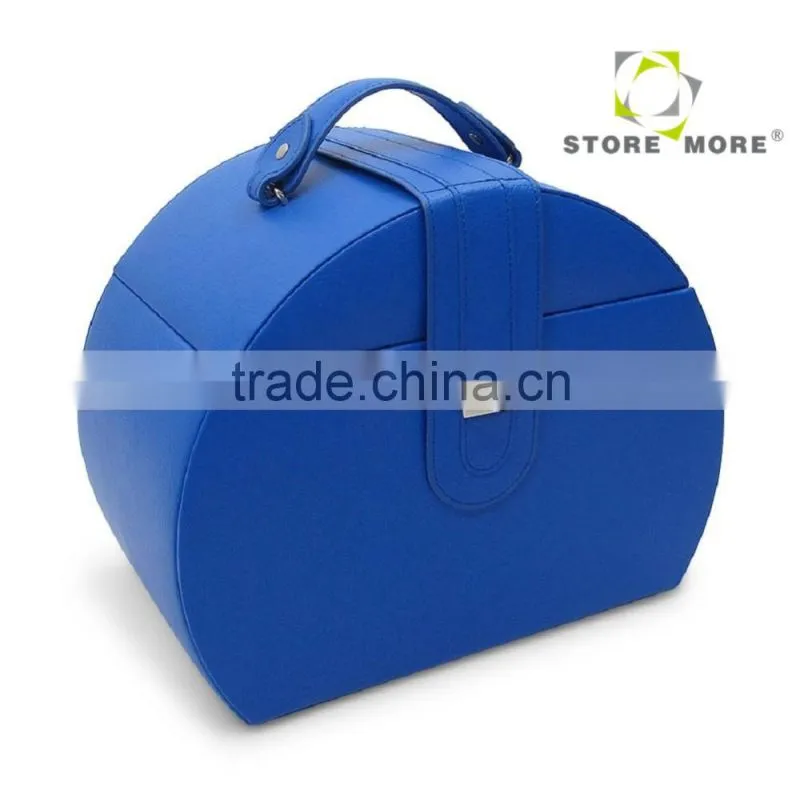 Blue Four-layer Lint Faux Leather Mirror Jewelry Box With Drawers