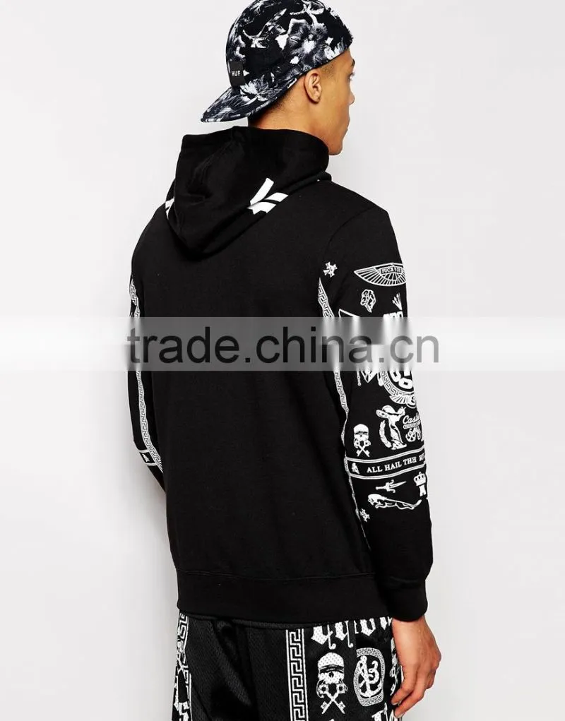Sleeves printed custom black zip up hoodie
