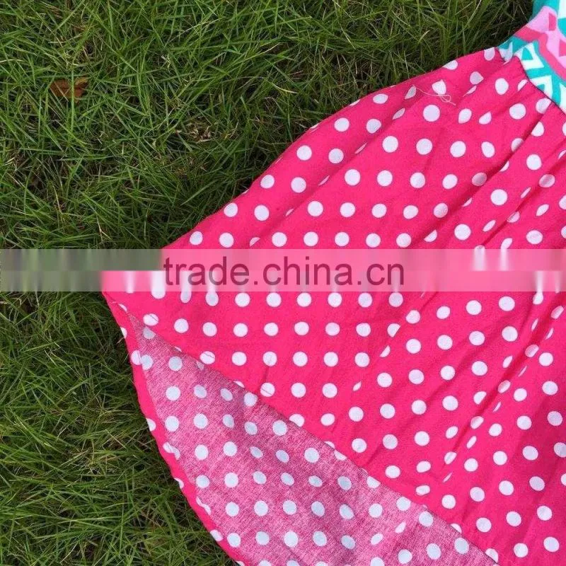 2015 new girls high low dress kids Aztec blue dress hot pink white polka dot dress with necklace and headband