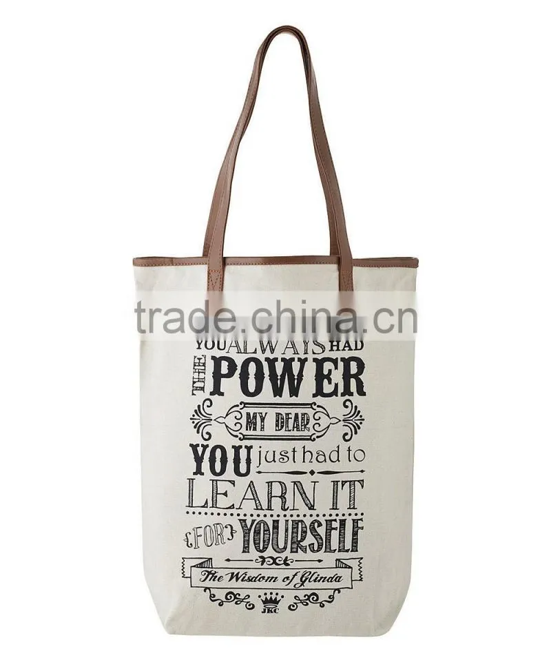 High quality reusable canvas shopping bag with pu leather handles