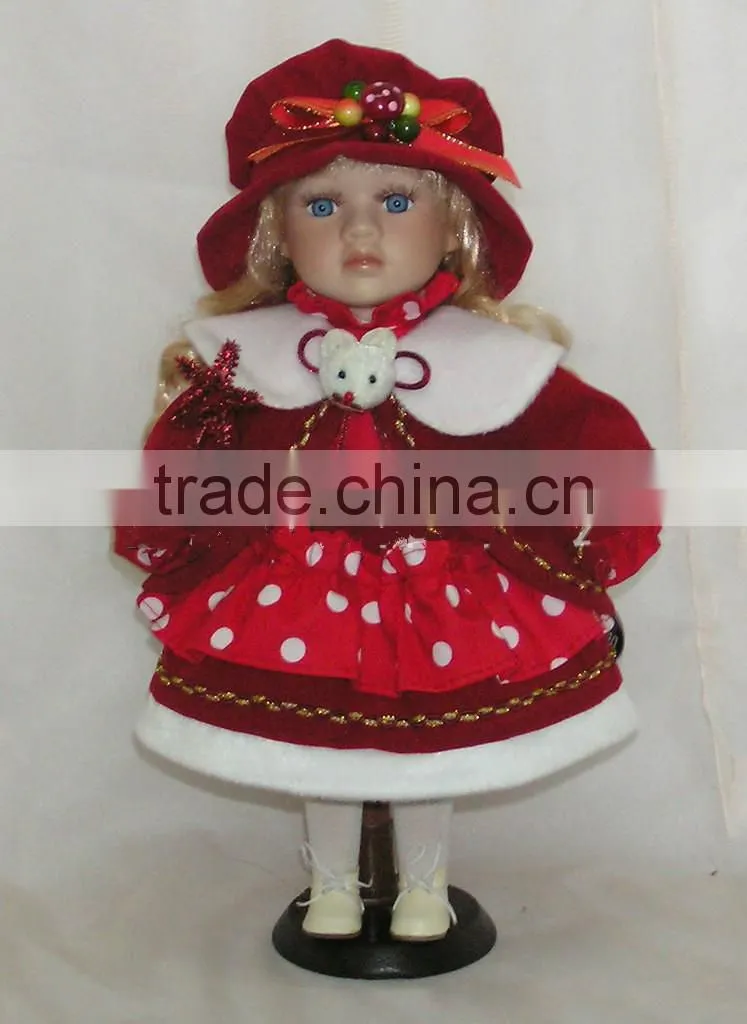 Christmas Animated Ceramic Porcelain Doll Blonde Hair Red Velvet Dress 12"