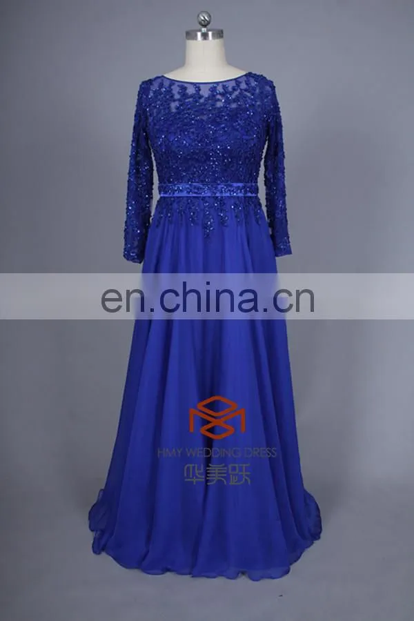 Lace Embroidered Royal Blue Long Sleeves Maxi Evening Dress For Fat Women HMY-CDA041 Ladies Long Evening Party Wear Gown