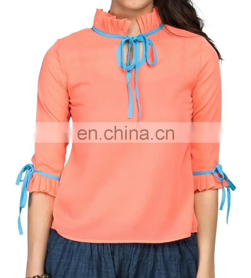 Pink Ruffle And Drawstring Top- Three Quarter Sleeves Three quarter sleeve top with tiered ruffle and lace trim for women