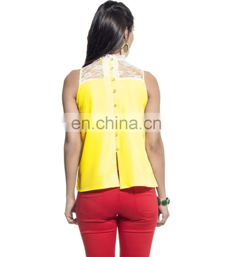 Yellow Sleeveless Lace Yoke Top