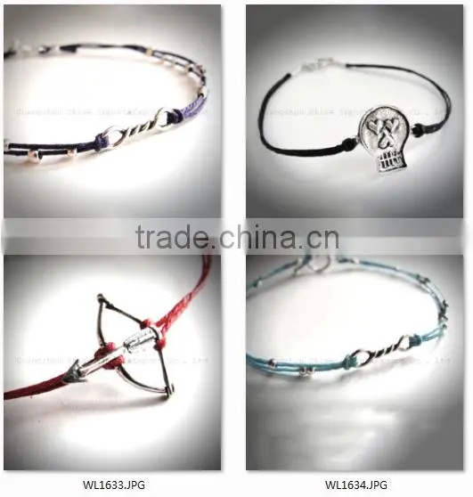 RetroStyle red rope wax cord bracelet metal heart charm bangle bracelet