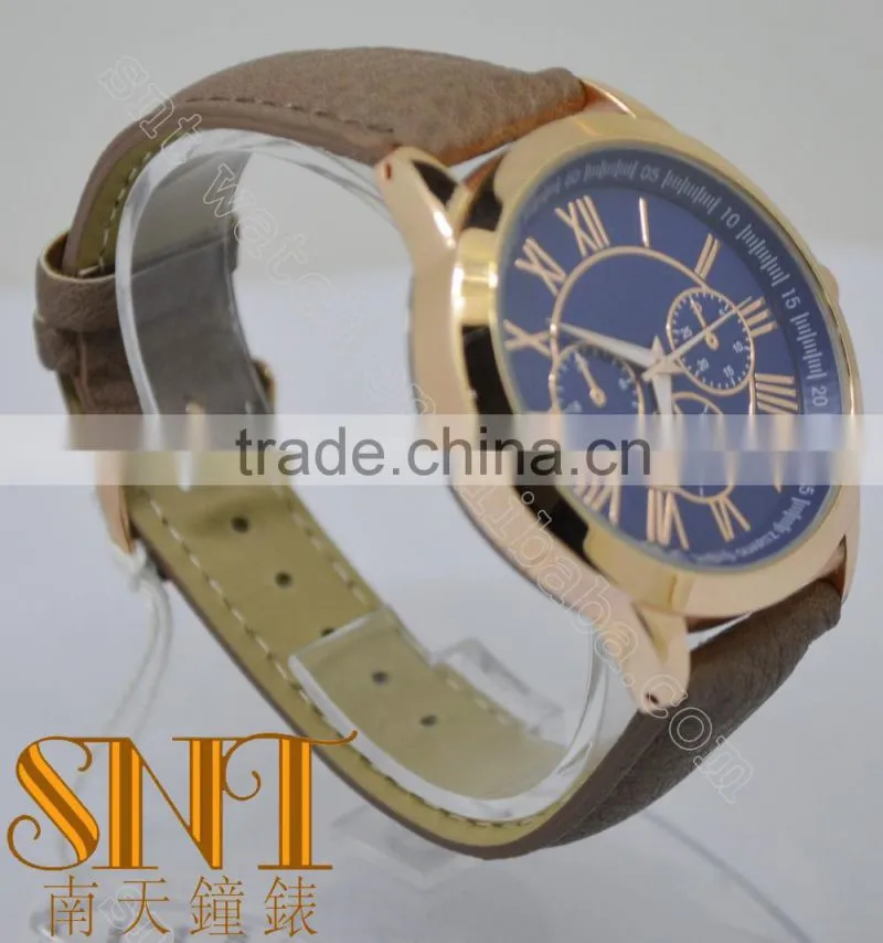 2016 Vogue Navy Sunray Dial With 3 Chrono Eyes Watch, Brown Strap Quartz Watch