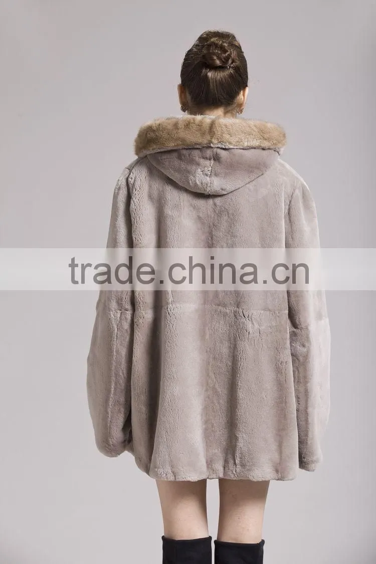 QD29281 Fashionable Europe Styles Raccoon Fur Collar Rex Rabbit Fur Coat For Sale