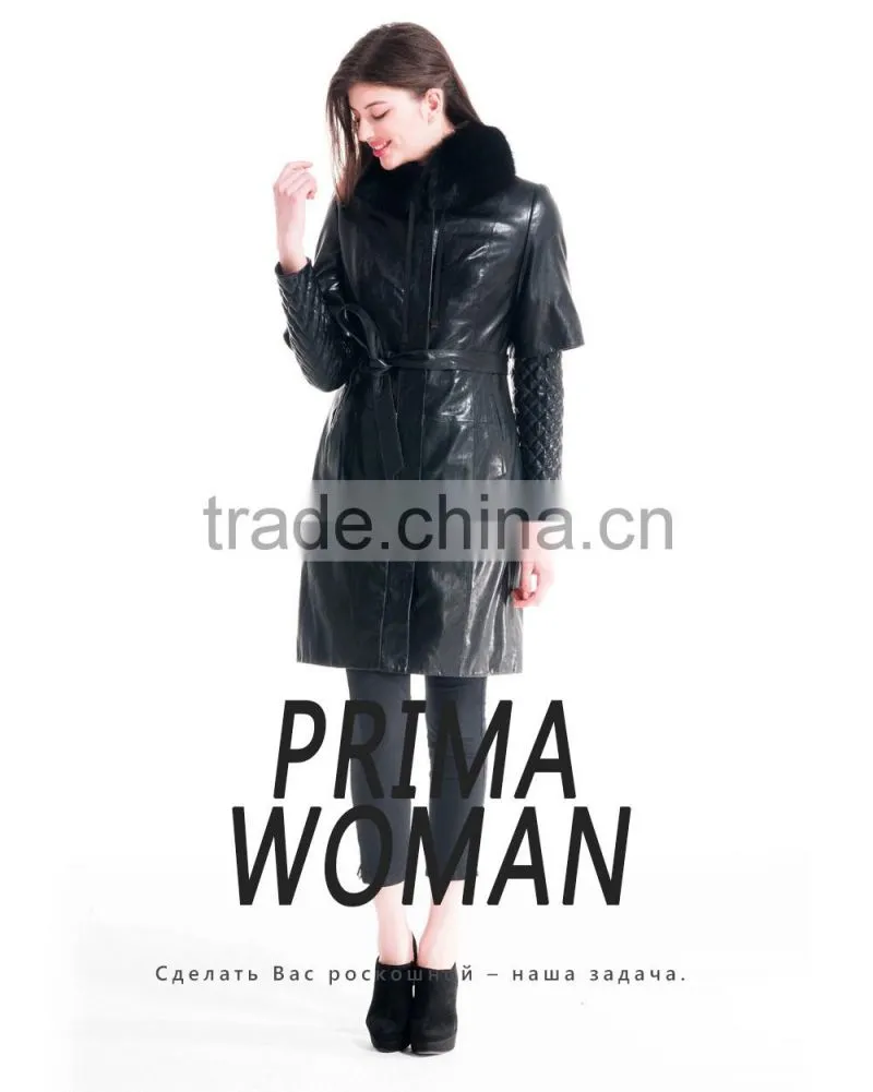 Winter Women Medium Length Slim Fit Leather Coat With Detachable Blue Fox Hat Overcoat