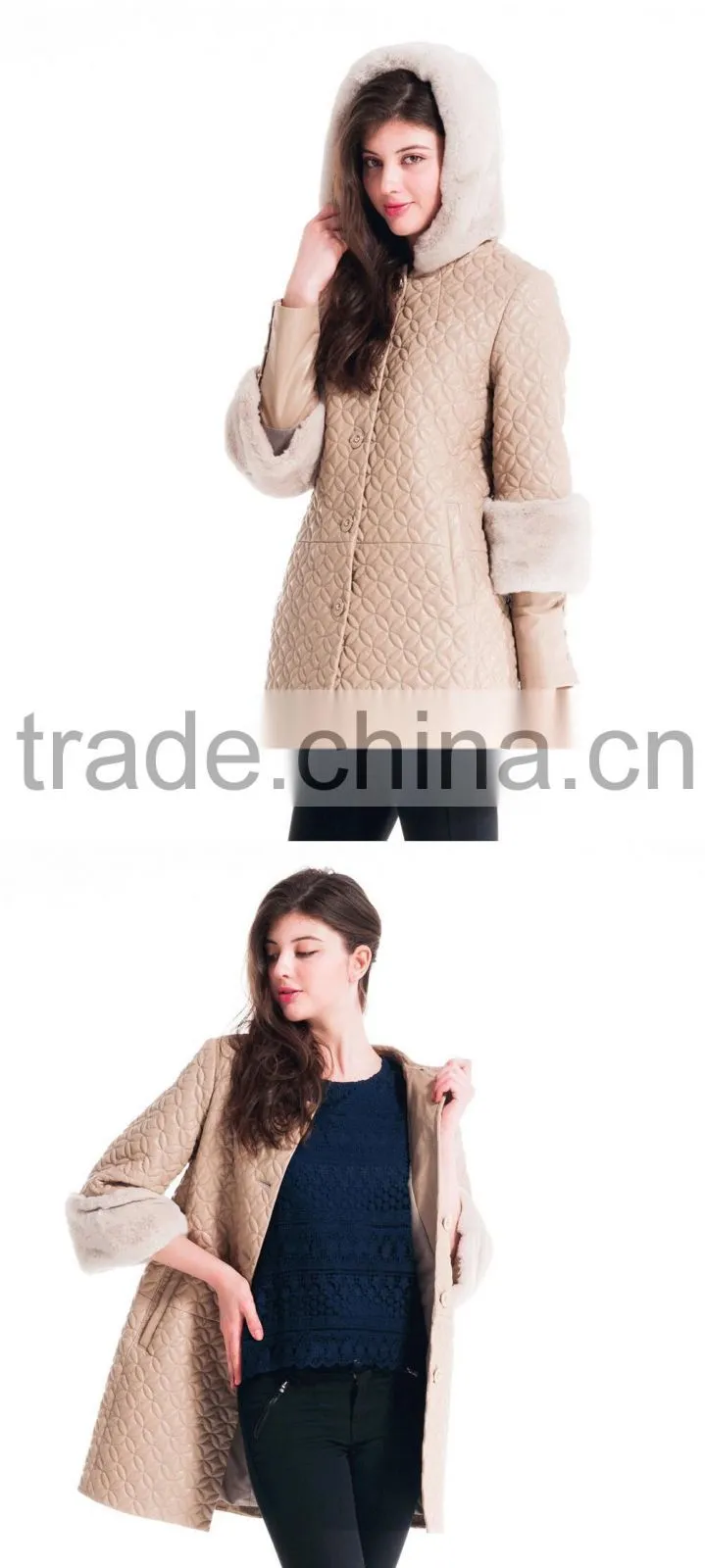 Winter Women Medium Length Embroidered Leather Coat With Detachable Beaver Rabbit Skin Hat Overcoat