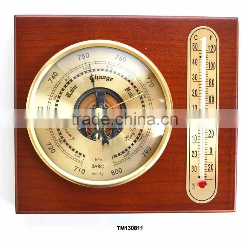 Galileo thermometer weather station; wooden weather station; traditional dial weather station