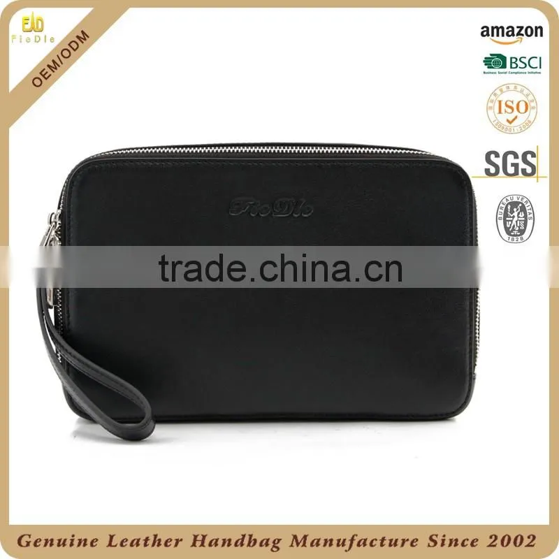 CSQJB162-001 two zipper pocket multifunctional men leather wrist clucth bag