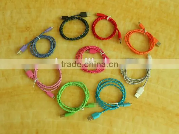 2014 wholesale colorful fabric braided usb data cable