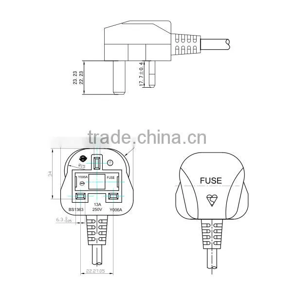 U.K . Power Cord British standard power cord BS plug injection plug 3G BS Power Cords BS plug mold plugs with Fuse 3A/6A/13A
