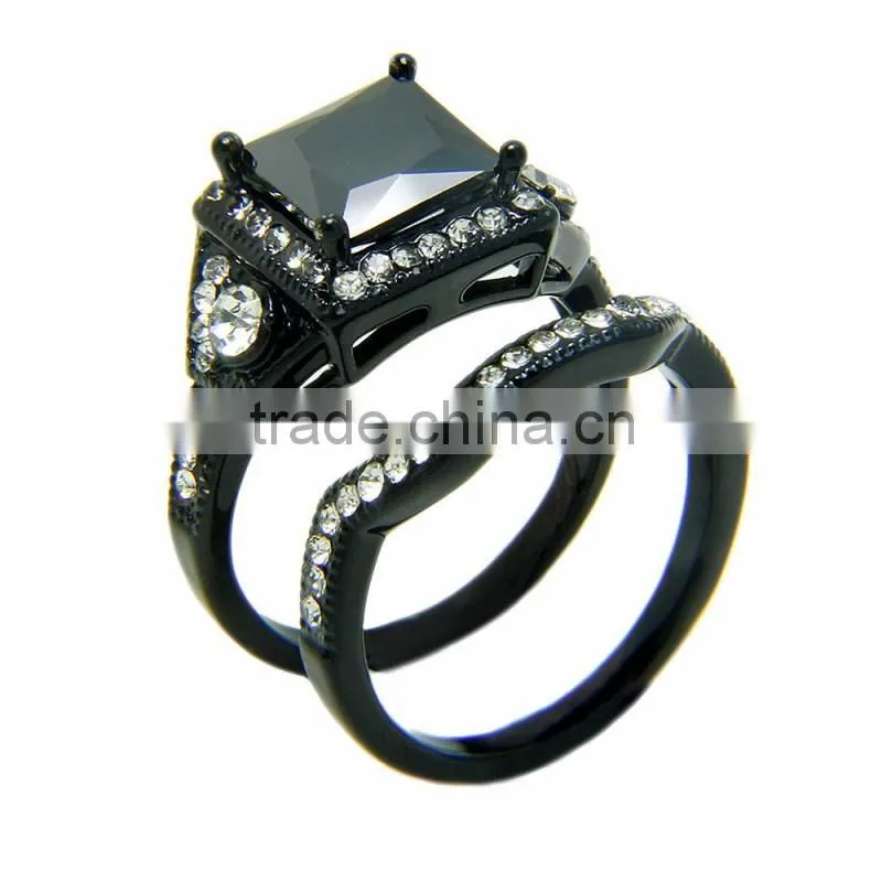 European Ring Design Three Stone Ring Black Zircon Adjustable Combination Double Rings For Unisex