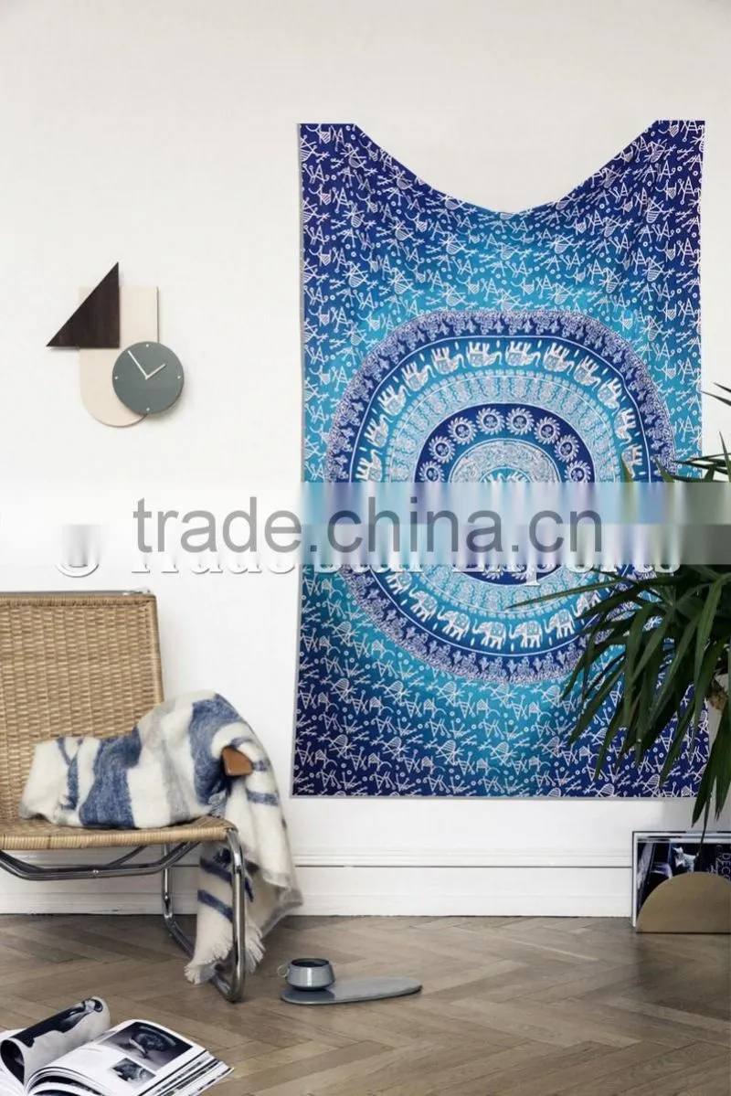 Indian Ombre Ethnic Elephant Hippie Mandala Wall Art Twin Cotton Boho Wall Hanging Tapestry