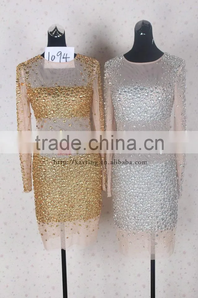 Stunning sexy heavy beaded long sleeve knee length round neck elegant yellow gold bridesmaid dresses