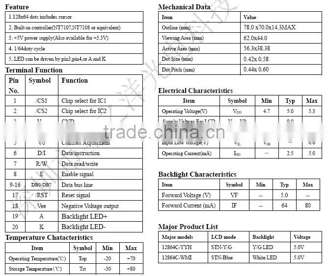 Provide 12864 LCM Type With NT7107 IC And 3.3V OEM ODM LCD Module