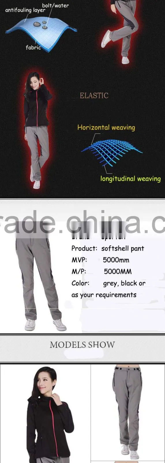 2015 china Hot sale Hangzhou waterproof women cheap hiking new fashion jogger pants