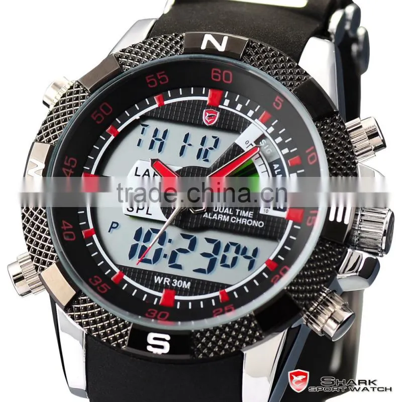 Shark Analog Digital Quatrz LCD Day Date Rubber Band Men LED Wrist Watch