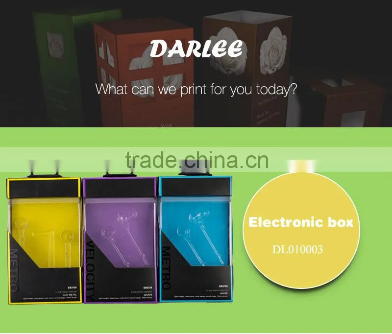 Electronics earphone packaging box with plastic tray