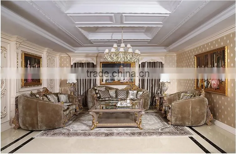 Gold Leaf Finished European Palace Hand Carved Sofa, European Living Room Furniture Set(MOQ=1 SET)