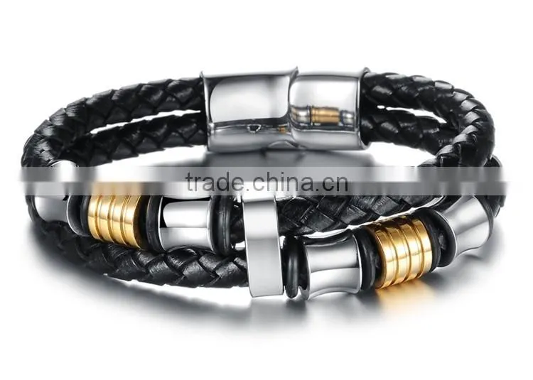 Stainless steel & leather mens bracelet , braided genuine leather bracelet men stainless steel