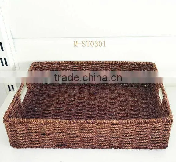 Purple rectangle straw storage basket with pink canvas liner