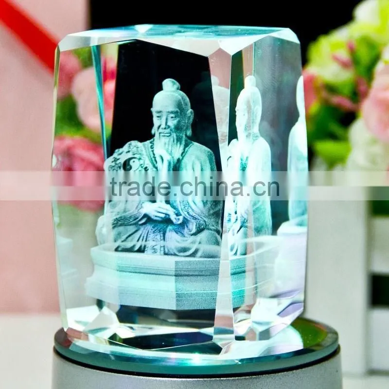 3D laser figure of buddha crystal cube souvenirs with LED light base