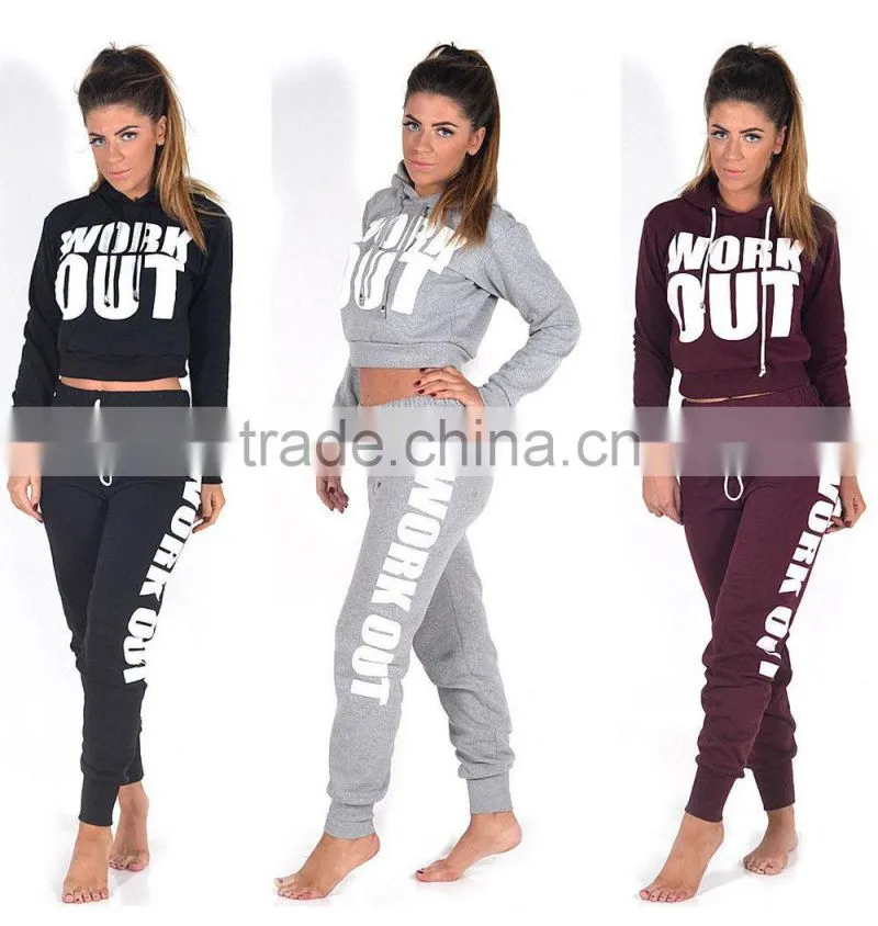 NEW LADIES WORK OUT SLOGAN TRACKSUIT CROP HOODIE JOGGERS SET GYM SUIT