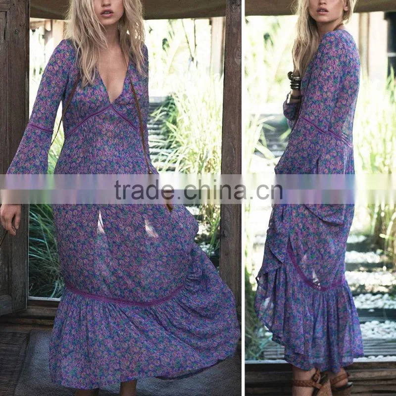 Navy Tie Back Leaf Print Women Maxi Long Party Dress Girls Without Dress Sex Picture HSd5187