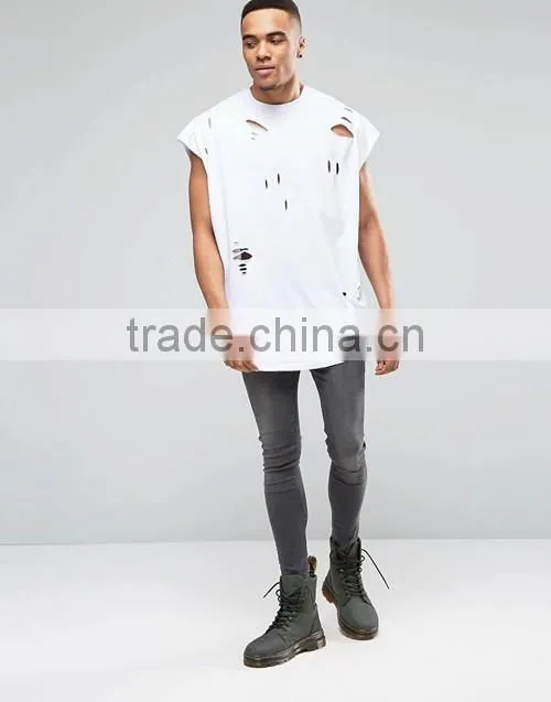 Customize men cheap 100% cotton super oversized jersey t-shirt with distressing and curved hem