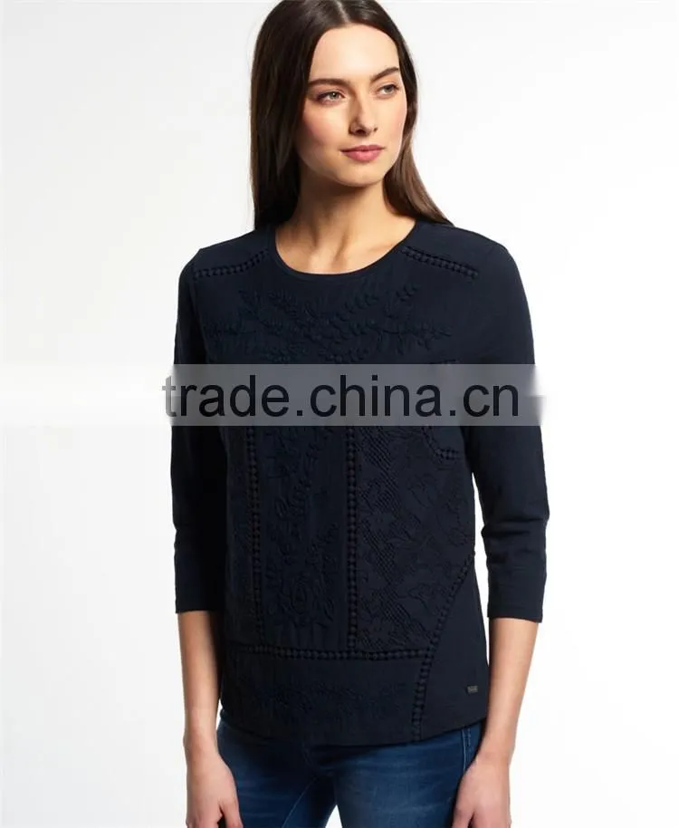 2016 Guangzhou Shandao Wholesaler High Quality Latest Autumn Casual 3/4 Sleeve Round Neck Embroidered Cotton Girl's Stylish Top