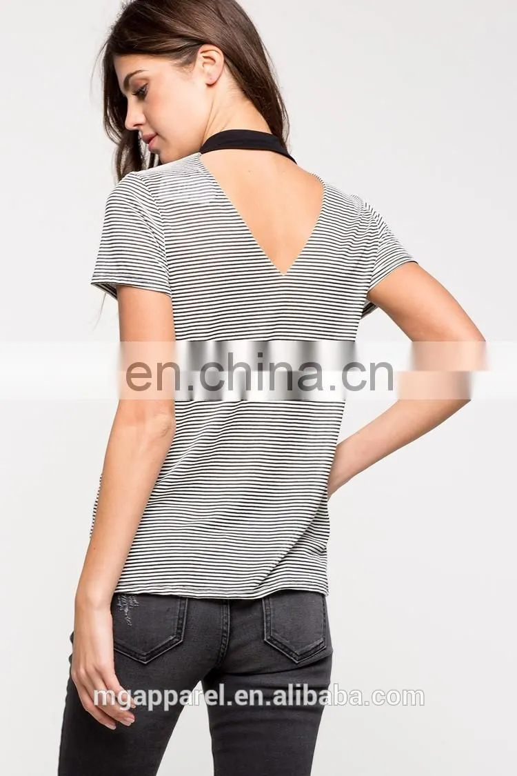 Custom wholesale V-neck and back cotton striped t shirt for women
