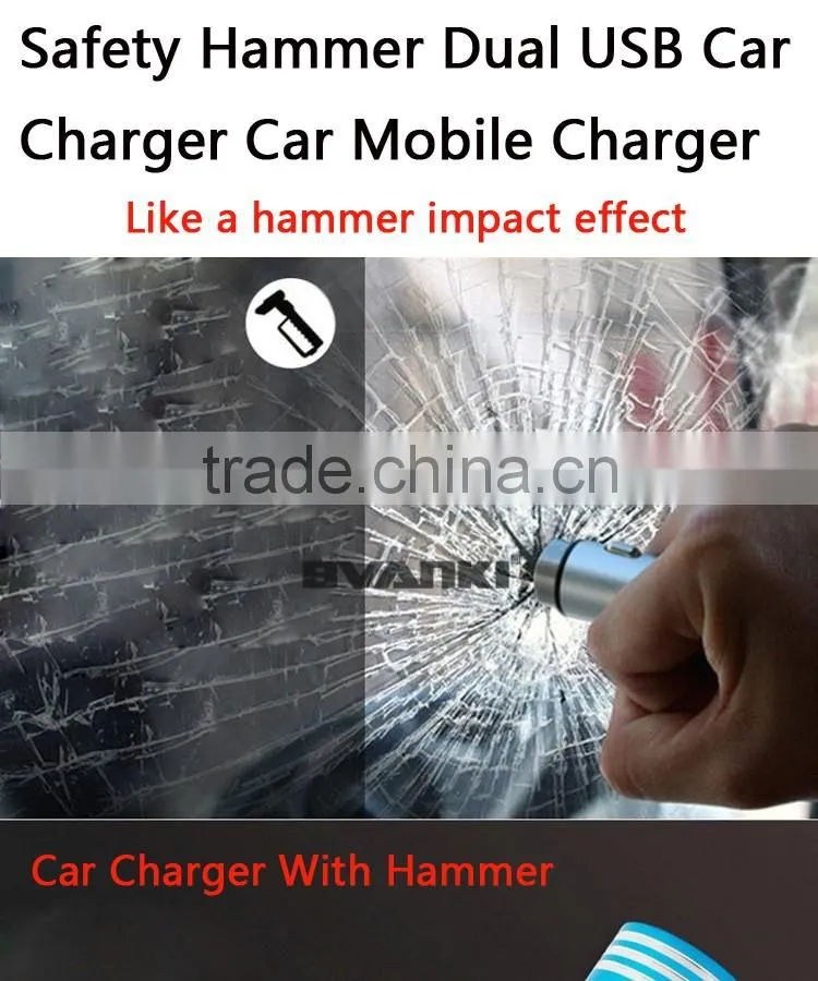 New 3.1A Quick Charge 2.0 Travel Car charger for Travel in-Car use/ Stainless Steel Safety Hammer QC 2.0 Dual USB Car Charger