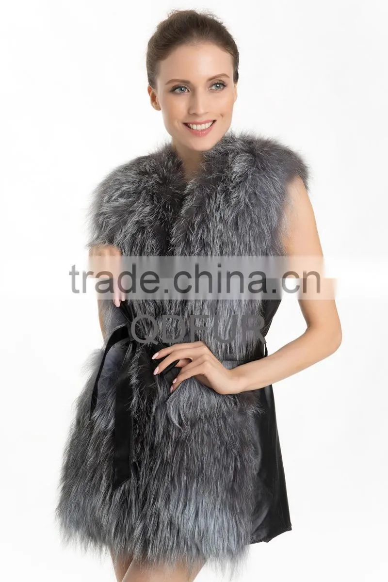 QD70701 Ladies Real Silver Fox Fur Vests Woman With Sheep Leather 2014 New Products From China