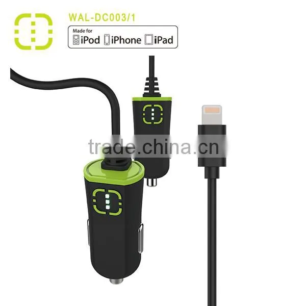 Walnut brand single car charger with attached MFI cable