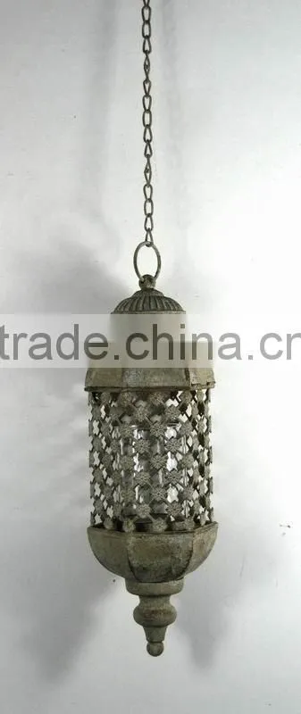 round engraved metal candle lantern w/chain