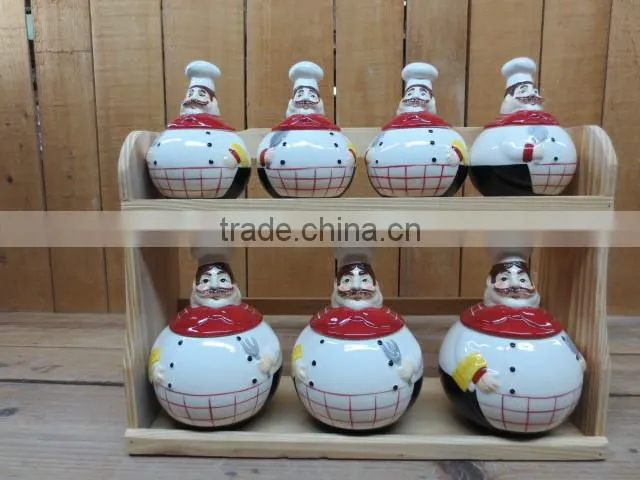 7 PCs Chef Emboss Ceramic Kitchen Spice Jars Set with Wooden Stand