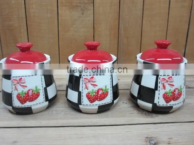 New strawberry emboss ceramic cookie jar with red lid
