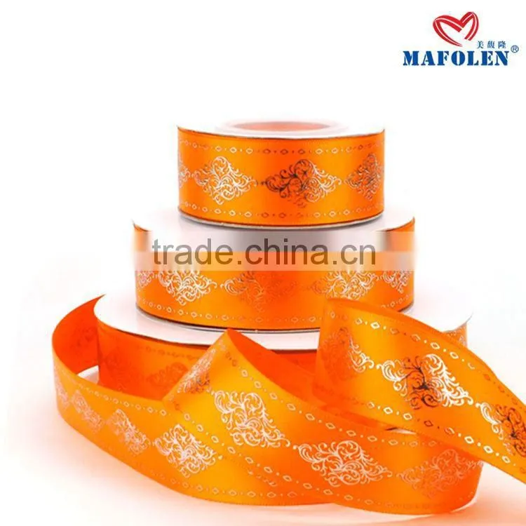 Satin ribbon high density polyester gold foil printed merry christma ribbon on sale
