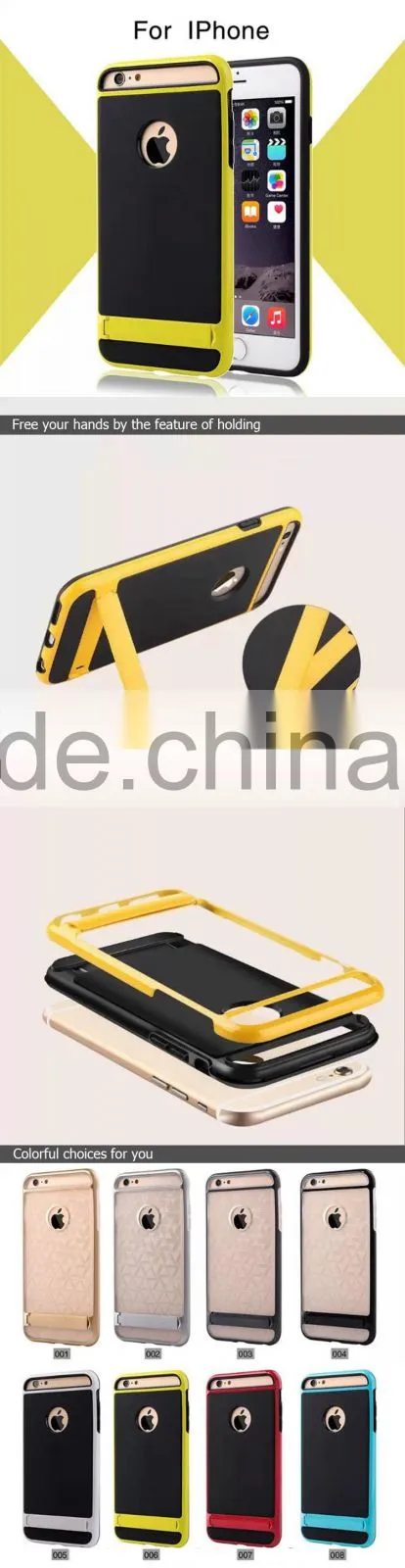 Factory Price Shockproof TPU+PET+Matel kicksand 2 in 1 Armor Case for iPhone 6 / 6 Plus with stand function