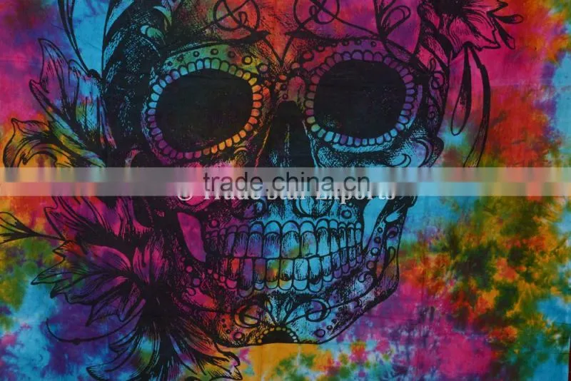 Hippie Twin Skull Tie & Dye Wall Art Boho Cotton Wall Hanging Home Decor Tapestry