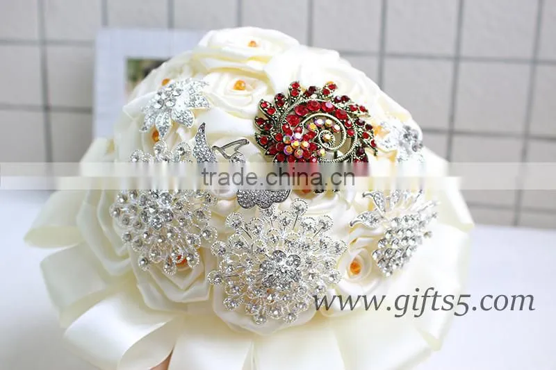 Amazing Wedding Bouquet with Rhinestones Beadings Pearls and Glaring Jewels Satin Ribbon Bow Knot